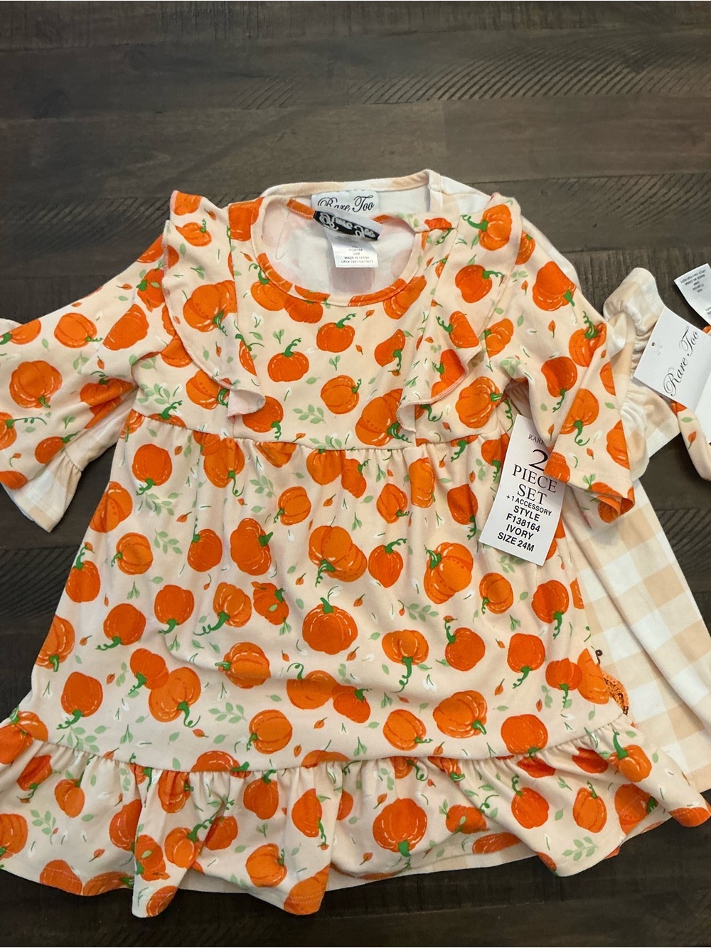 Rare Too Orange Pumpkin Print Ruffle Kids Dress 2 piece set